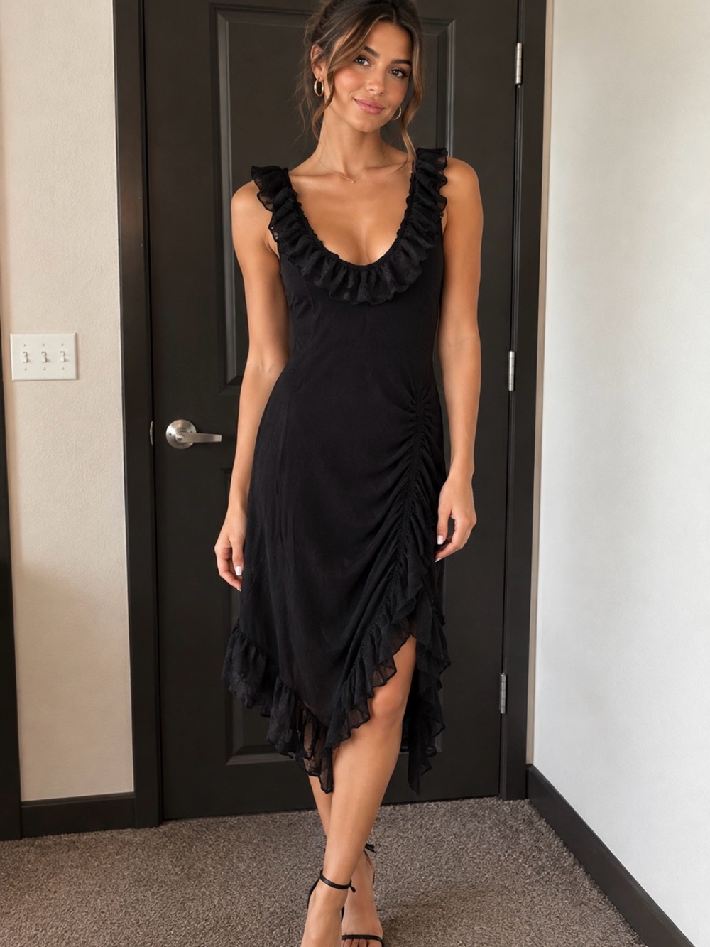 Black One-Shoulder Ruffle Evening Dress